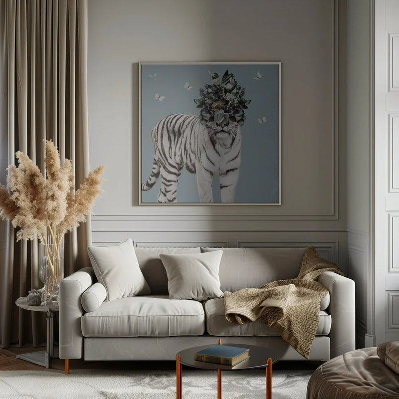 Spring Flower Bonnet On White Tiger by Sue Skellern Square Canvas Print Art for Modern Home Decor. Decorate your office or living room with canvas artwork