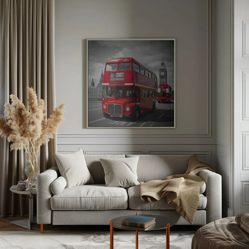 LONDON Red Buses on Westminster Bridge by Melanie Viola Square Canvas Print Art for Modern Home Decor. Decorate your office or living room with canvas artwork