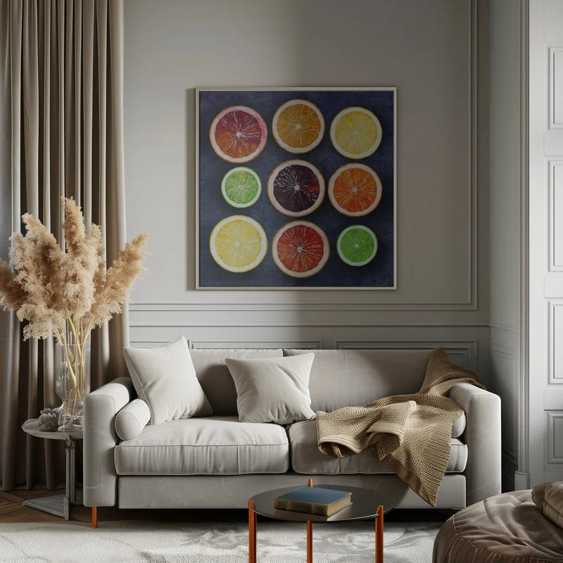 Citrus energy by EMELIEmaria Square Canvas Print Art for Modern Home Decor. Decorate your office or living room with canvas artwork