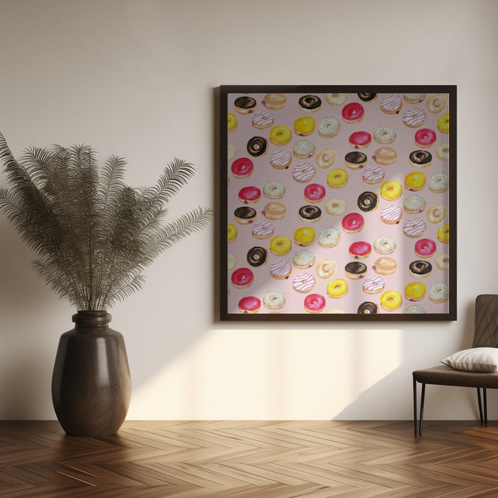 Watercolor donuts pattern in pink Square Canvas Art Print