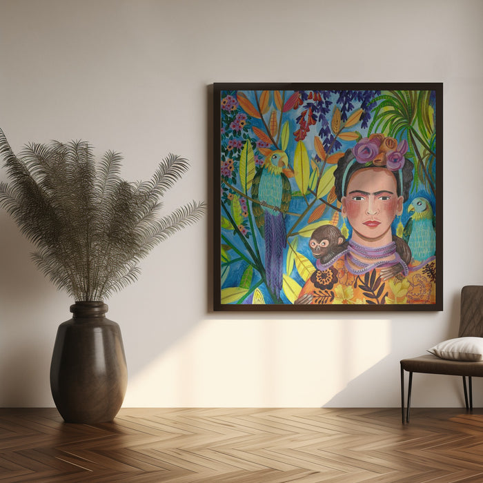 Frida and her parrots Square Canvas Art Print