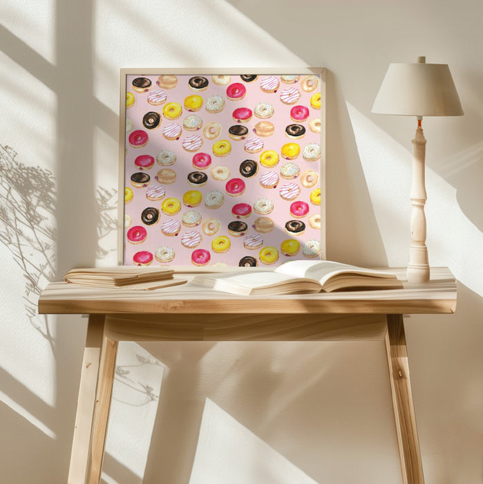 Watercolor donuts pattern in pink Square Poster Art Print by Rosana Laiz Blursbyai