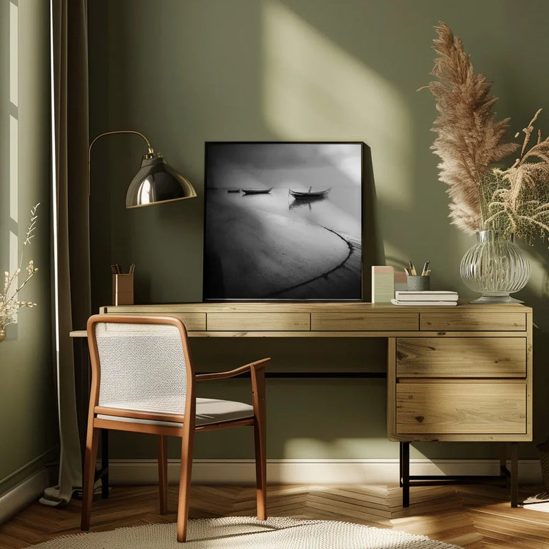 Calm Lake Boats by Marco Faria Square Canvas Print Art for Modern Home Decor. Decorate your office or living room with canvas artwork