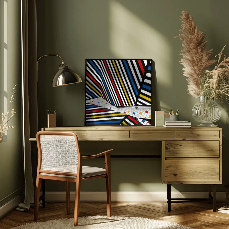 Mondriaan coloured hall by Huib Limberg Square Canvas Print Art for Modern Home Decor. Decorate your office or living room with canvas artwork