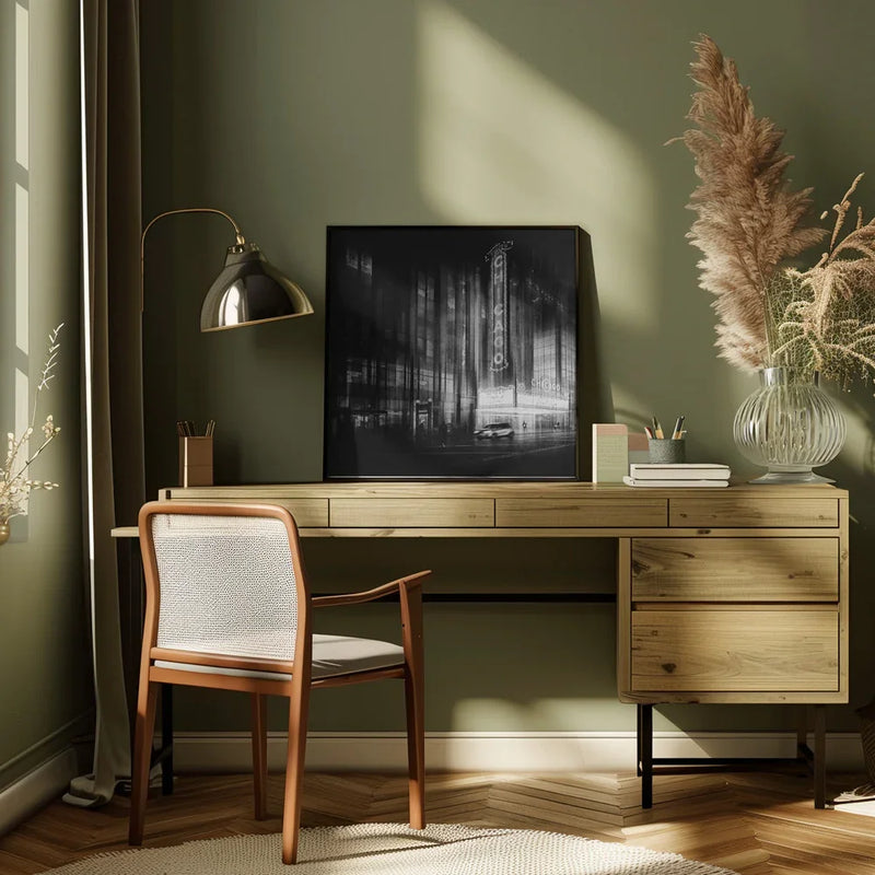 Chicago Theatre by Roswitha Schleicher-Schwarz Square Canvas Print Art for Modern Home Decor. Decorate your office or living room with canvas artwork