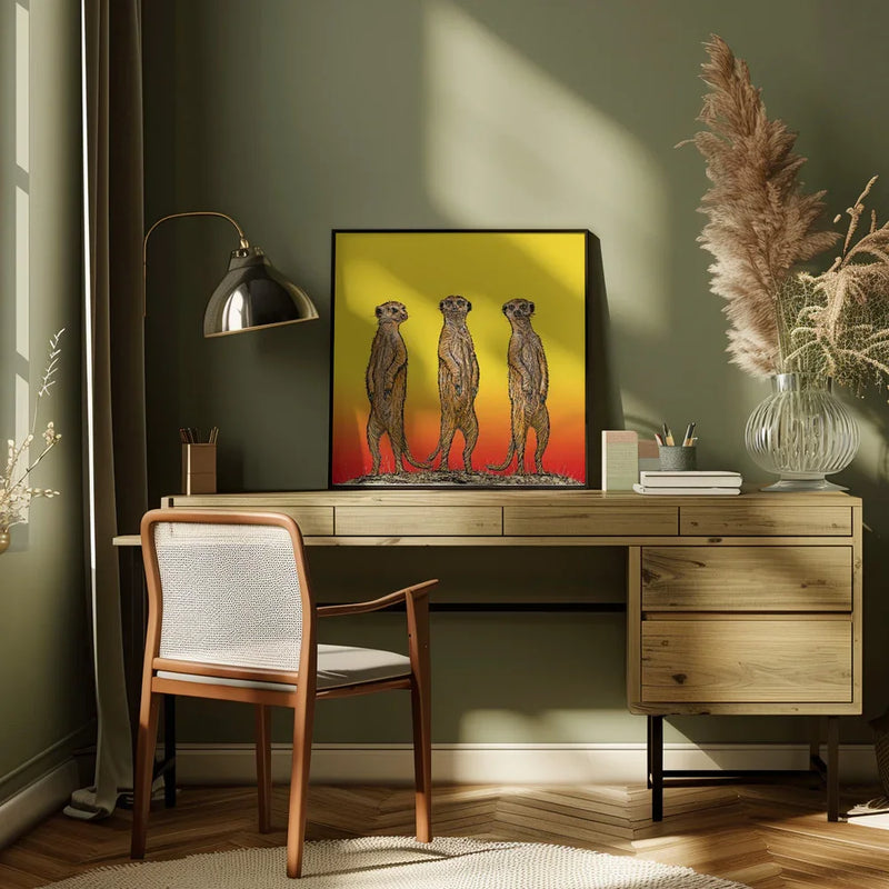 Meerkat Gang at Sunset by Carlo Kaminski Square Canvas Print Art for Modern Home Decor. Decorate your office or living room with canvas artwork