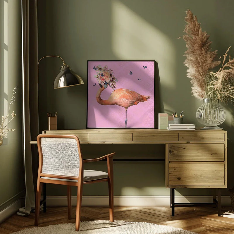 Spring Flower Bonnet On Flamingo by Sue Skellern Square Canvas Print Art for Modern Home Decor. Decorate your office or living room with canvas artwork