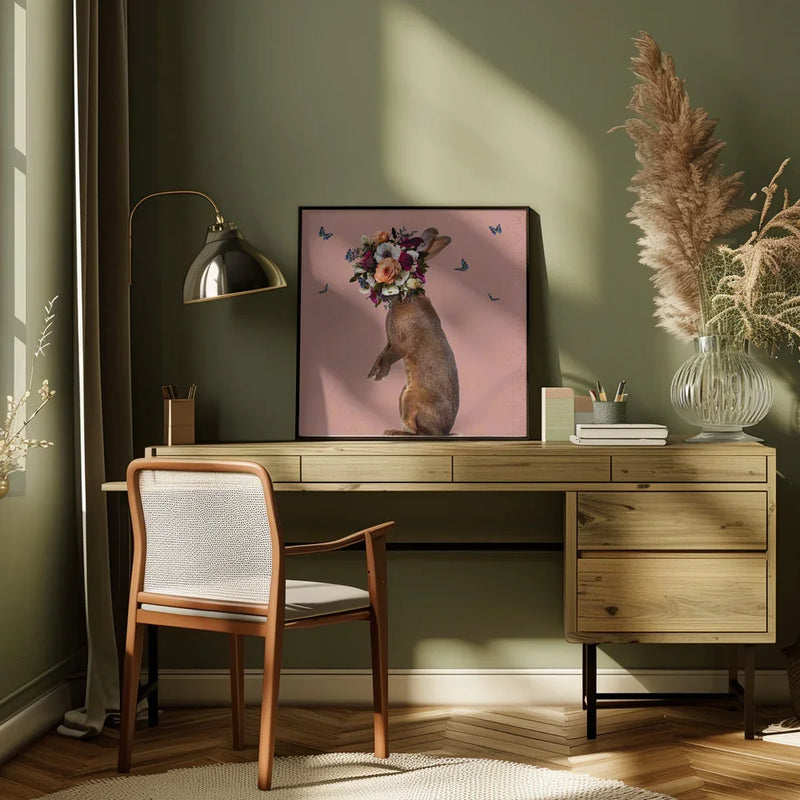 Spring Flower Bonnet On Rabbit by Sue Skellern Square Canvas Print Art for Modern Home Decor. Decorate your office or living room with canvas artwork