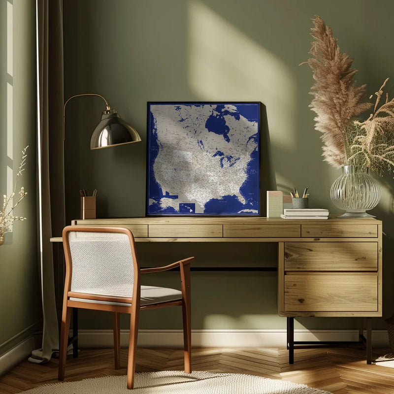 Highly detailed map of the United States, Kameryn by Rosana Laiz Blursbyai Square Canvas Print Art for Modern Home Decor. Decorate your office or living room with canvas artwork