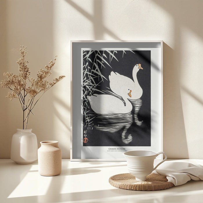 White Chinese Geese Swimming by Reeds Framed Art Modern Wall Decor
