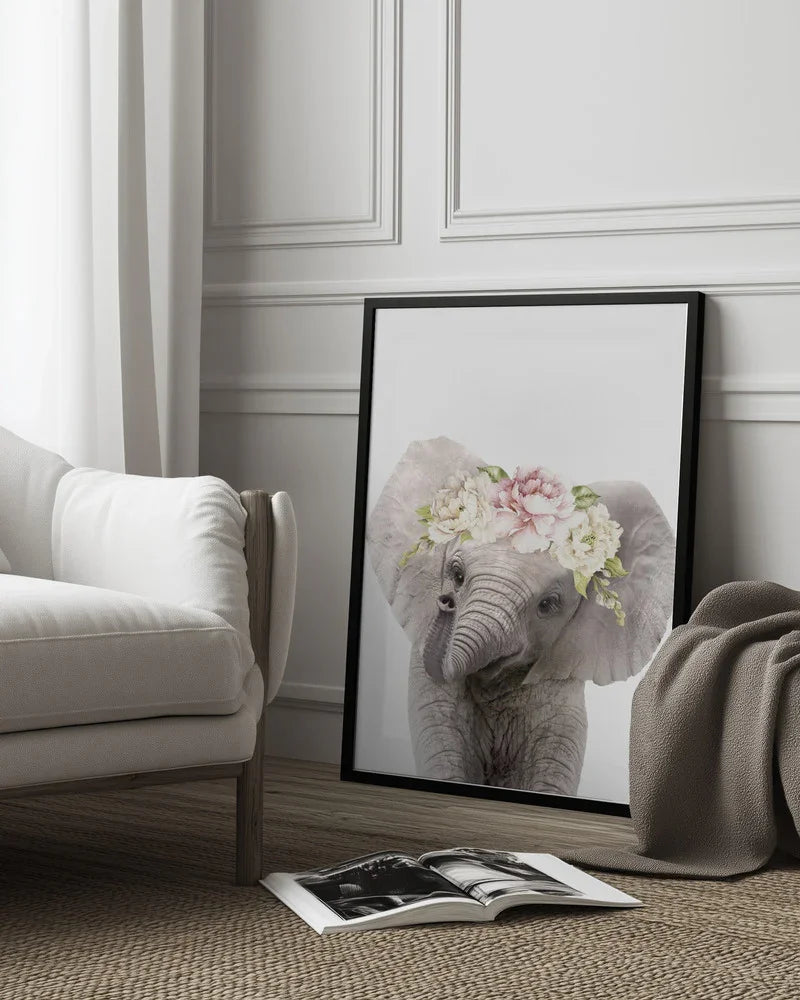 Floral Baby Elephant Framed Art Lola Peacock | Home or Office Art