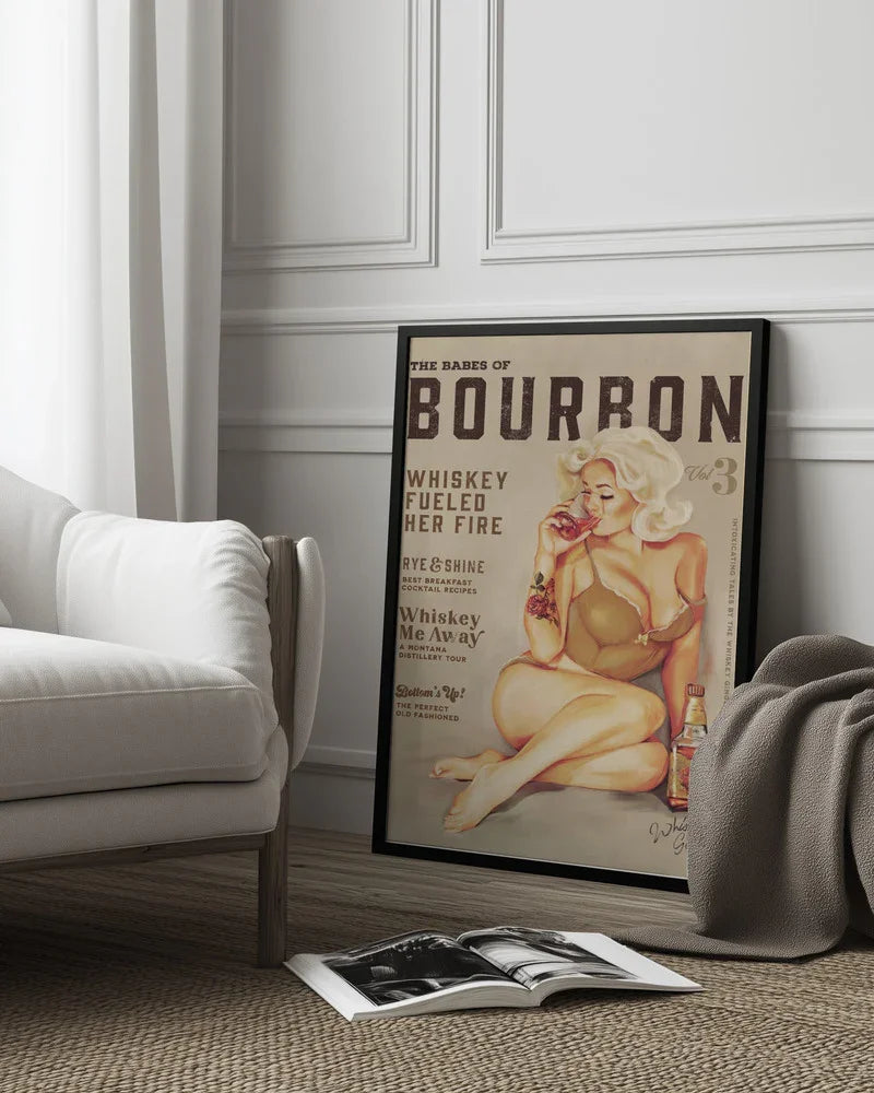 Bourbon Wall Art. Sexy Vintage Pin Up Girl Drinking Whiskey - The Whiskey Ginger Framed Art | Home or Office Art