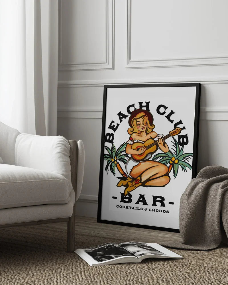 Beach Club Bar. Sailor Jerry Style Pin-up Girl Playing Guitar - The Whiskey Ginger Framed Art | Home or Office Art