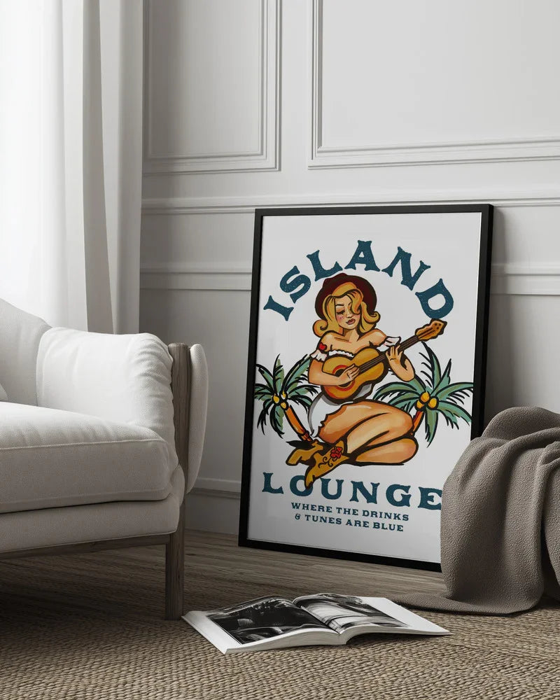Island Lounge Tropical Pin Up Girl Playing Guitar - The Whiskey Ginger Framed Art | Home or Office Art