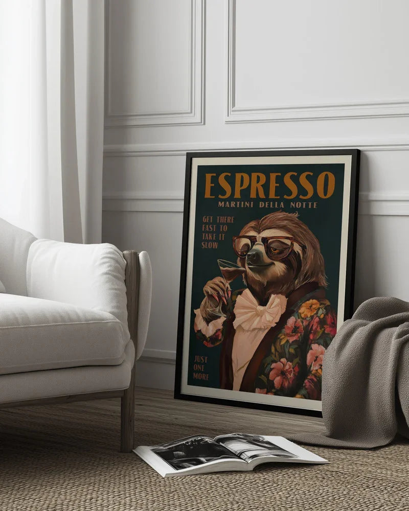Art Deco Espresso Martini Drinking Sloth - The Whiskey Ginger Framed Art | Home or Office Art