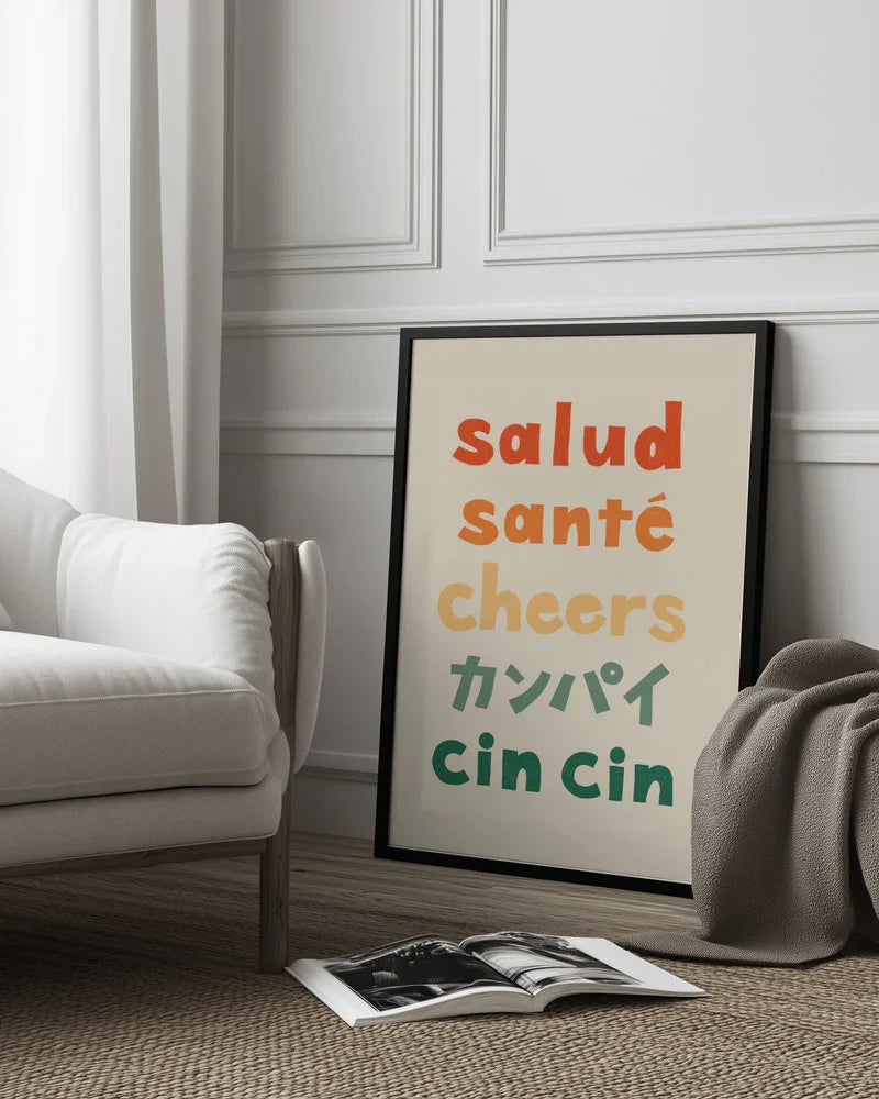 Cheers Typography - Salud Santé Cheers Kanpai Cin cin - Rio Soléy Framed Art | Home or Office Art