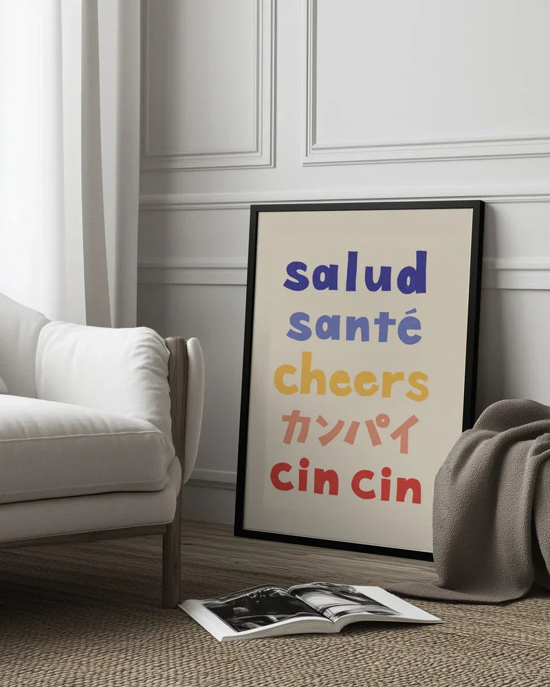 Cheers Typography - Salud Santé Cheers Kanpai Cin cin - Rio Soléy Framed Art | Home or Office Art