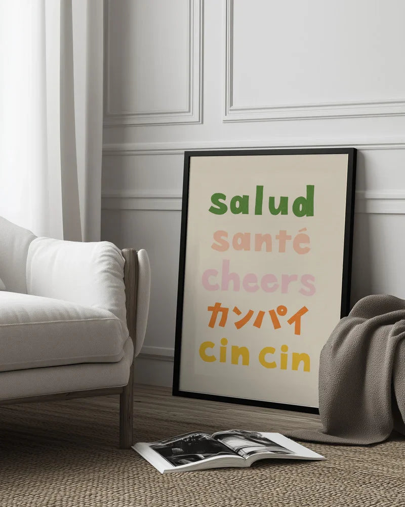 Cheers Typography - Salud Santé Cheers Kanpai Cin cin - Rio Soléy Framed Art | Home or Office Art