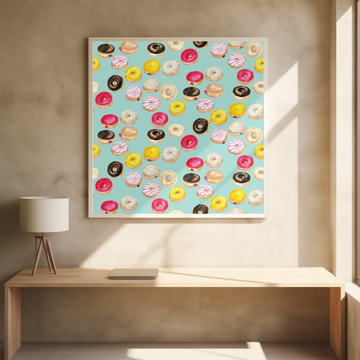 Watercolor donuts pattern in aqua Square Poster Art Print by Rosana Laiz Blursbyai