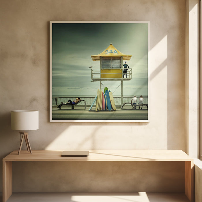 The life guard Square Poster Art Print by Adrian Donoghue