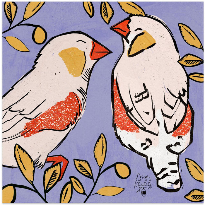 Finch   Love Birds   Purple Background  2.png Square Poster Art Print by Erum Khalili
