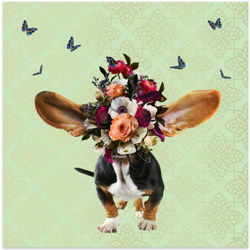 Spring Flower Bonnet On Doggy by Sue Skellern Square Canvas Print Art for Modern Home Decor. Decorate your office or living room with canvas artwork