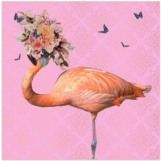 Spring Flower Bonnet On Flamingo by Sue Skellern Square Canvas Print Art for Modern Home Decor. Decorate your office or living room with canvas artwork