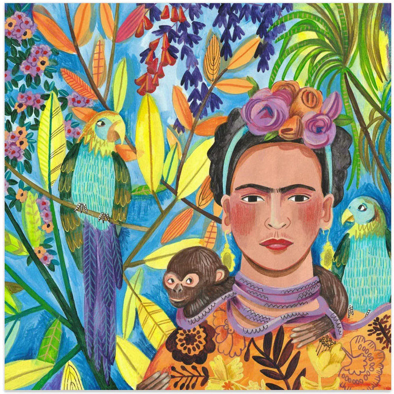 Frida and her parrots by Caroline Bonne Müller Square Canvas Print Art for Modern Home Decor. Decorate your office or living room with canvas artwork