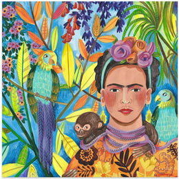 Frida and her parrots by Caroline Bonne Müller Square Canvas Print Art for Modern Home Decor. Decorate your office or living room with canvas artwork