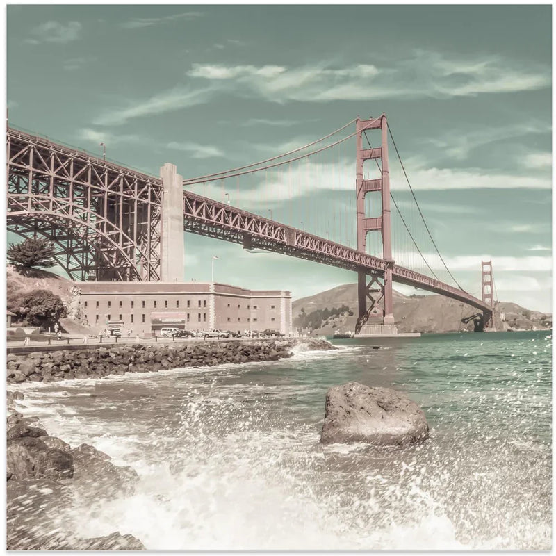 GOLDEN GATE BRIDGE Coastline Impression | urban vintage style by Melanie Viola Square Canvas Print Art for Modern Home Decor. Decorate your office or living room with canvas artwork