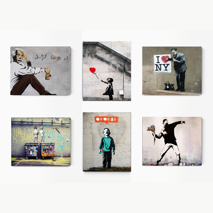 Banksy Street Graffiti Art Set of 6 framed art canvas prints - Modern Memory Design Picture frames - New Jersey Frame shop custom framing