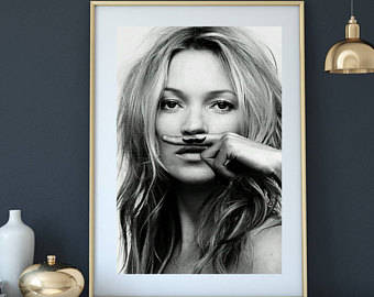 Kate Moss Mustache Fashion Poster Framed