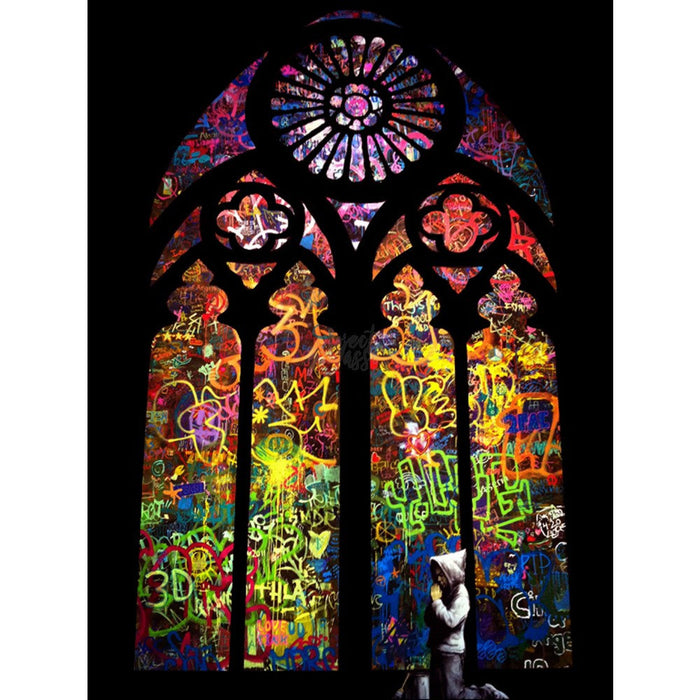 Banksy Graffiti Stained Glass Window Wall Art framed canvas