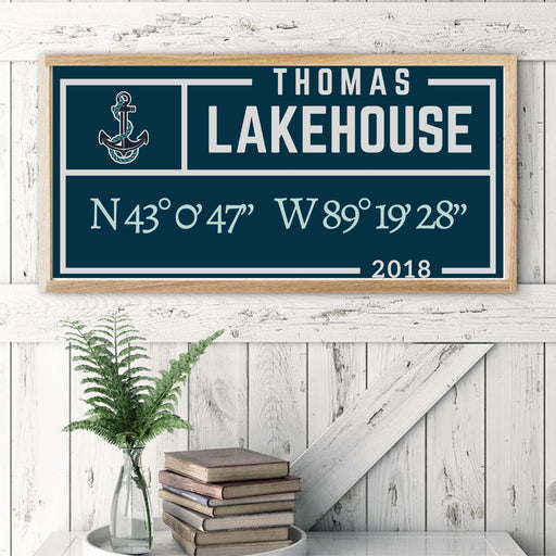 Lake House wood sign frame Family Name Coordinates Latitude Longitude