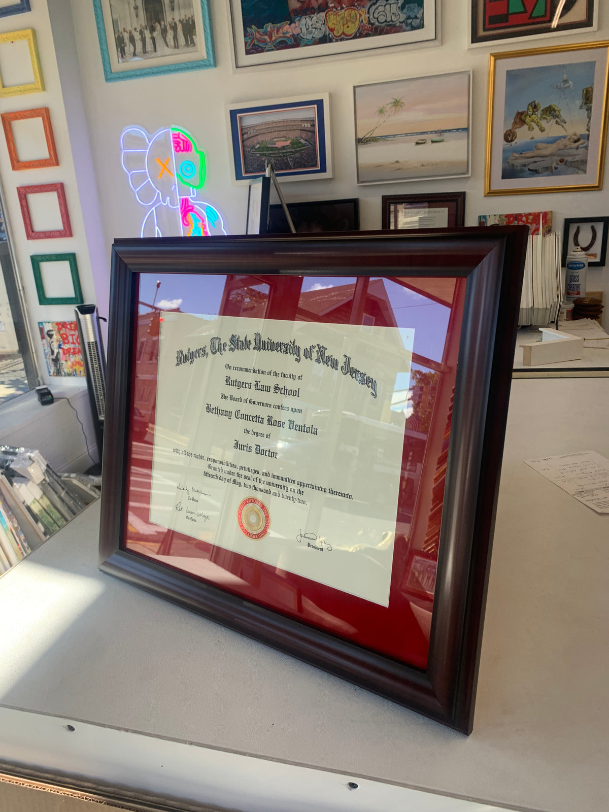 Rutgers diploma frame with red suede mat — Modern Memory Design Picture